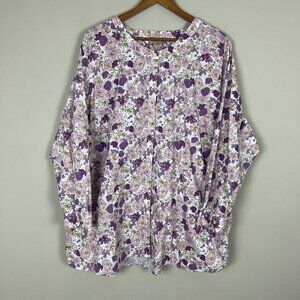 Duluth Tunic Top Womens 3X Lavender Floral Wrinklefighter Collarless Button Down